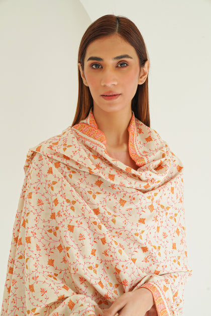Sozni Jaaldar Hand Embroidered Pashmina Shawl Ivory Pink Orange