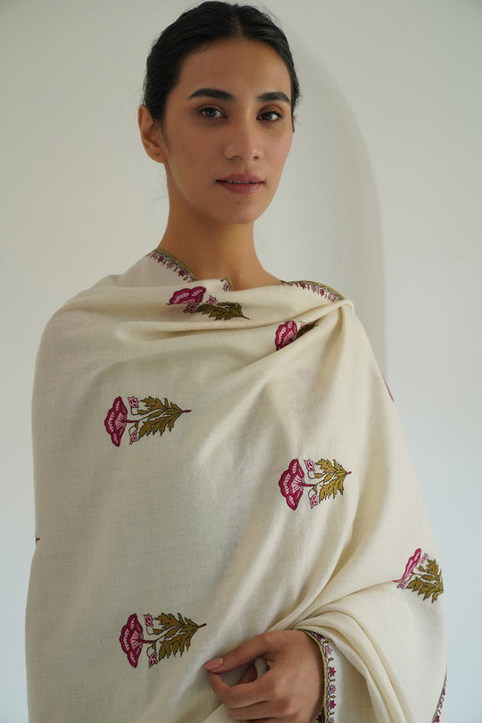 Kashmir Loom Zaza Allover Buti Hand Embroidered Cashmere Shawl Ivory