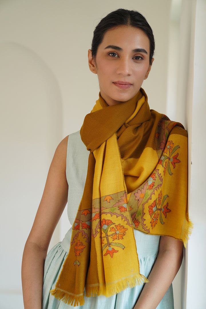 Kashmir Loom Kani Gulasrin Palledar Hand woven Cashmere Scarf Tawny Mustard