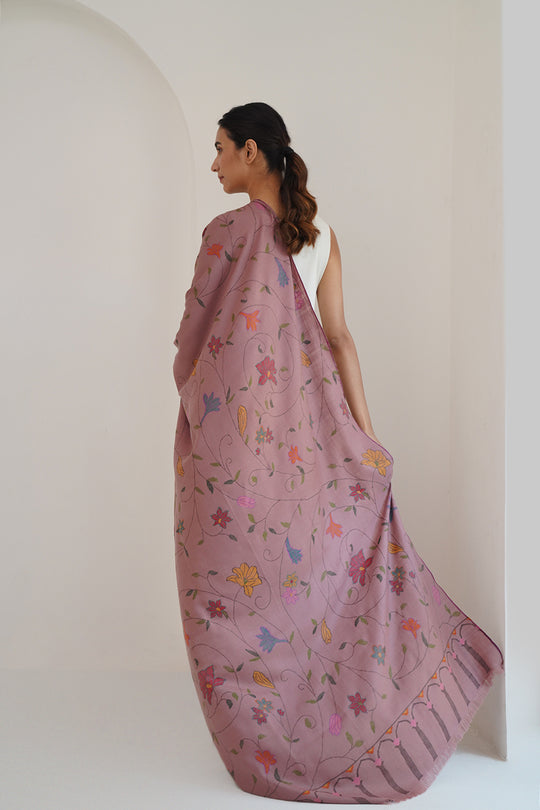 Kashmir Loom Kani Nishat Jaal Hand Woven Cashmere Shawl Tea Rose
