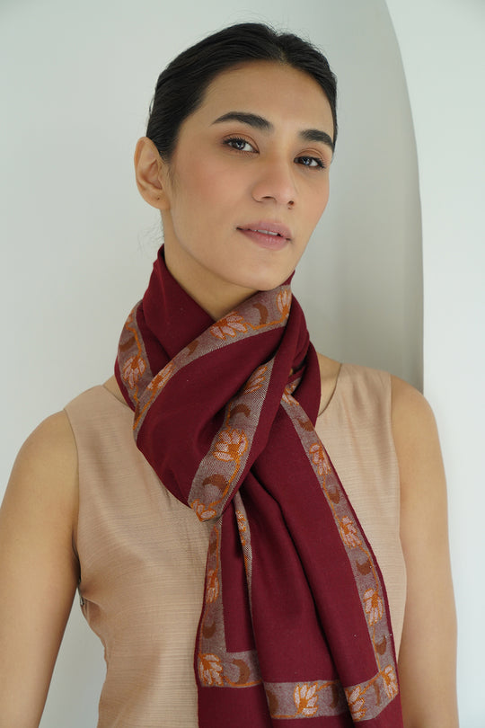Kashmir Loom Kani Abdar Hand Woven Cashmere Scarf Maroon