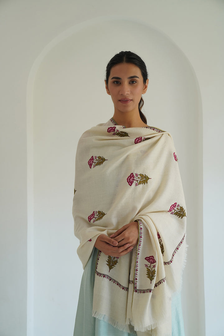 Kashmir Loom Zaza Allover Buti Hand Embroidered Cashmere Shawl Ivory
