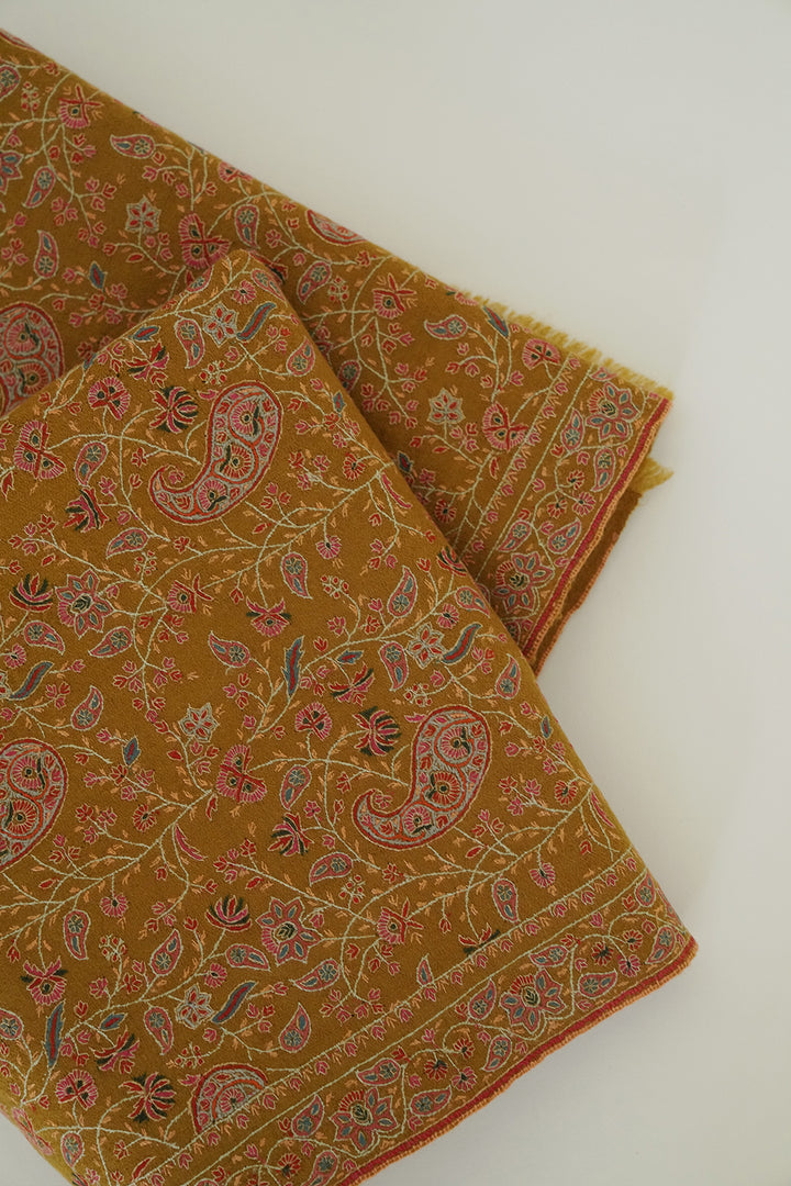 Kashmir Loom Sozni Jaaldar Hand Embroidered Cashmere Shawl Green Gold