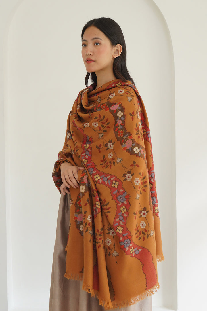 Kashmir Loom Kani Farwah Khatrast Hand Woven Large Pashmina Shawl Camel Burgandy