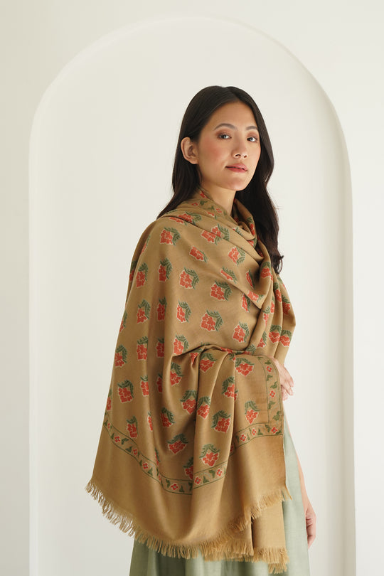 Kashmir Loom Kani Iram Buti Hand Woven Pashmina Shawl Fawn