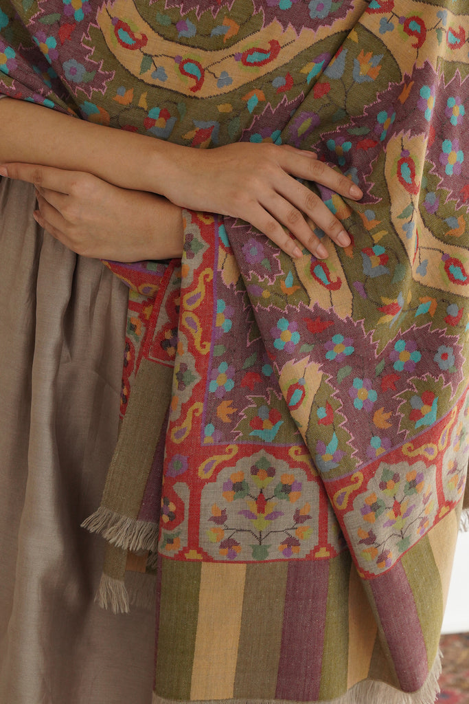 Kani Rawan Lehardar Hand Woven Pashmina Large Shawl Olive Green