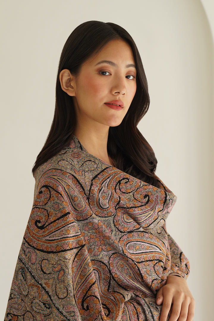 Kashmir Loom Sozni Resham Jamawar Hand Embroidered Pashmina Shawl Black