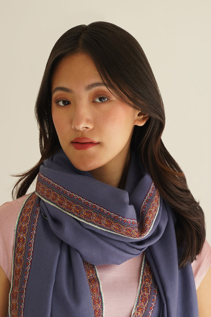 Hand Embroidered Pashmina Sozni Baildar Shawl Blue | Kashmir Loom