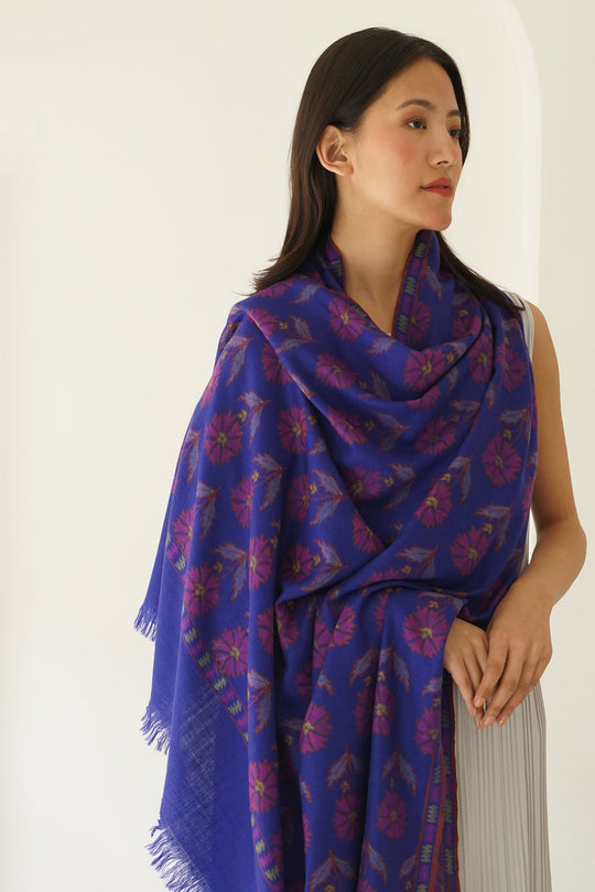 Kashmir Loom Kani Shephali Buti Hand Woven Large Pashmina Shawl Royal Blue