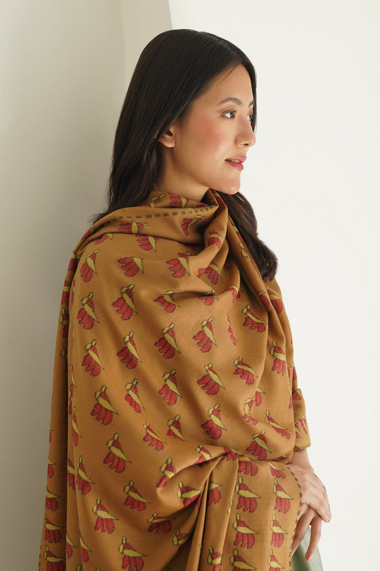 Kashmir Loom Kani Shokh Buti Hand Woven Pashmina Large Shawl Dark Fawn Golden