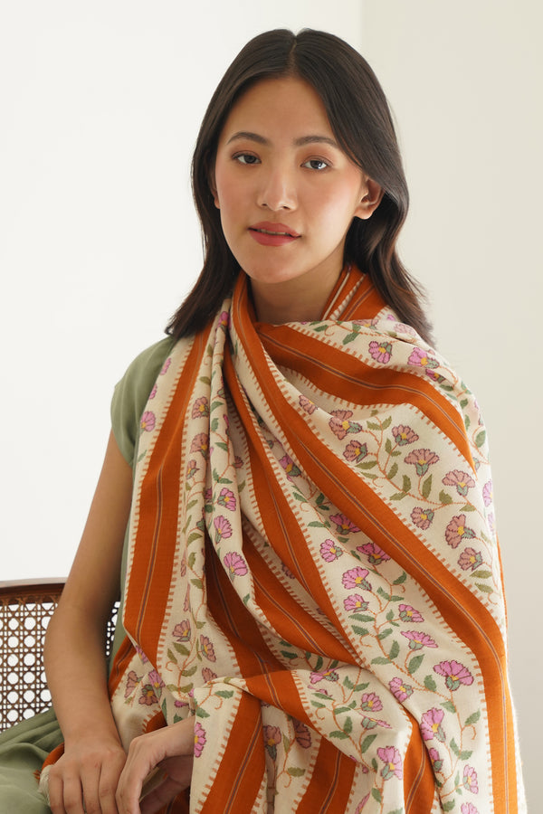 Kani Fiza Khatrast Handwoven Pashmina Large Shawl Ivory Brown