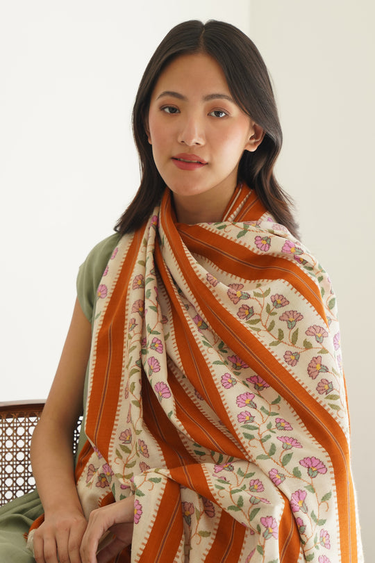 Kashmir Loom Kani Fiza Khatrast Handwoven Pashmina Large Shawl Ivory Brownc