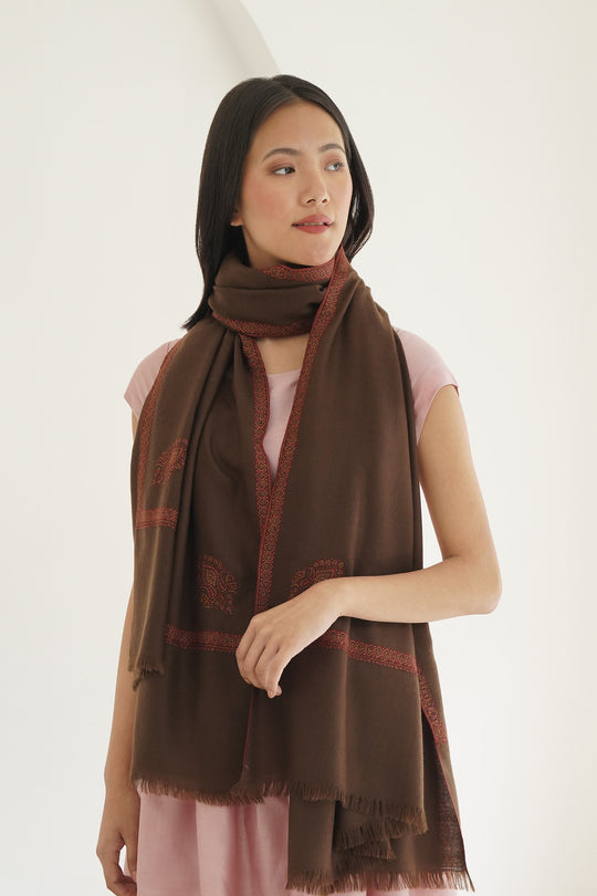 Kashmir Loom Sozni Zarina Hashiya Corner Buti Hand Embroidered Pashmina Shawl Wood