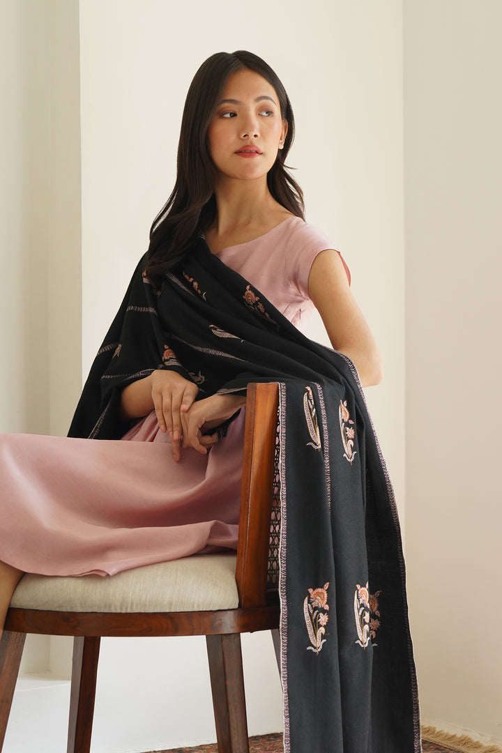Kashmir Loom Ziah Khatrast Hand Embroidered Pashmina Stole Black