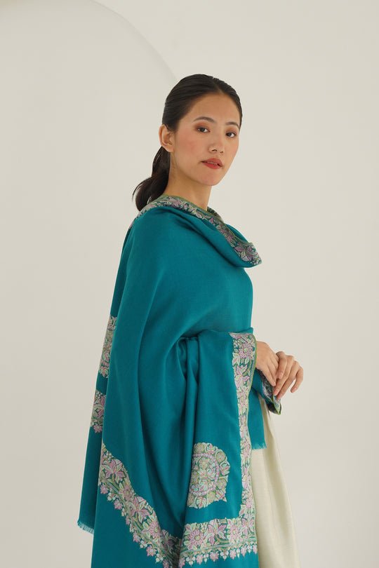 Kashmir Loom Sozni Borderdar Corner Buta Hand Embroidered Pashmina Shawl Teal
