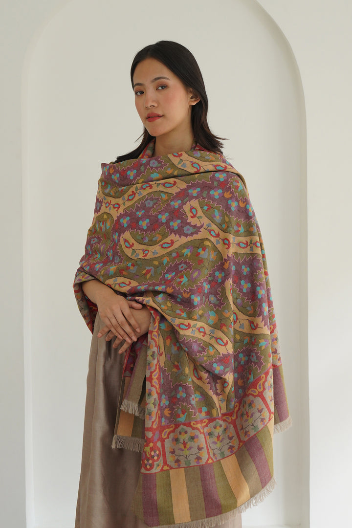 Kashmir Loom Kani Lehardar Hand Woven Large Pashmina Shawl Olive Green