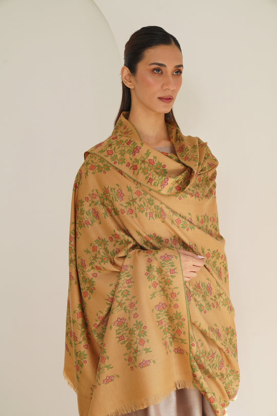 kashmir Loom Kani Nahiza Khatrast Hand Woven Pashmina Shawl Sage Fawn