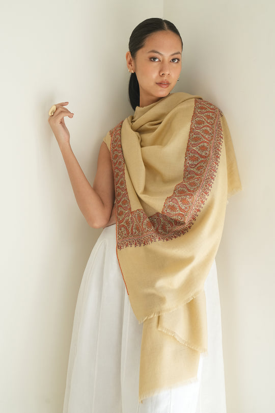 Kashmir Loom Sozni Dordar Hand Embroidered Pashmina Shawl Light Peach