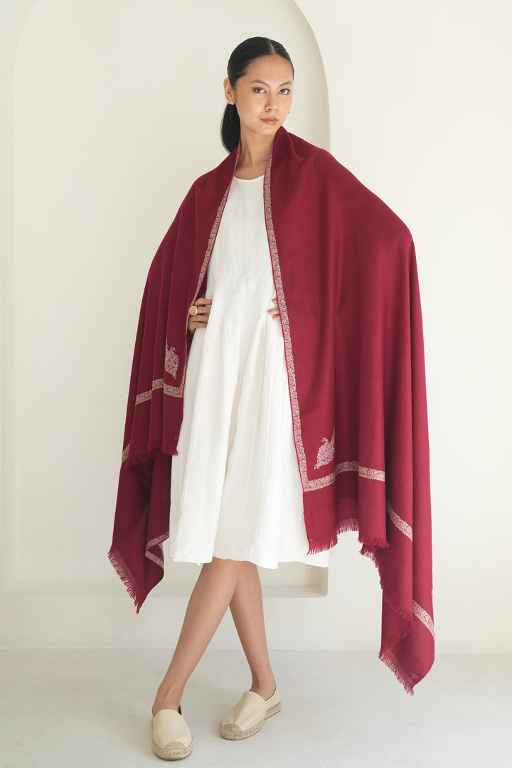 Kashmir Loom Sozni Jamila Hashiya Corner Buti Hand Embroidered Pashmina Shawl Rosso