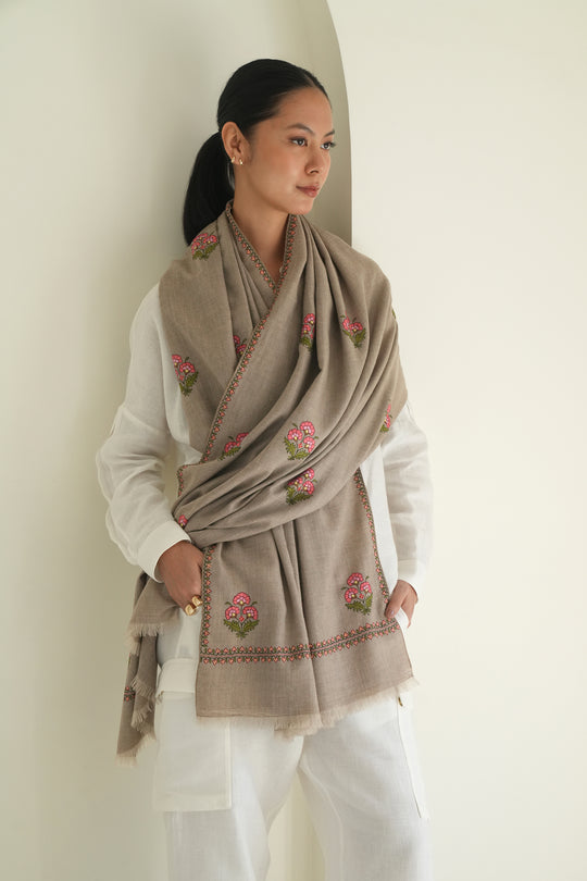 Kashmir Loom Sozni Gulraz Kingri Butidar Hand Embroidered Pashmina Shawl Natural Pink