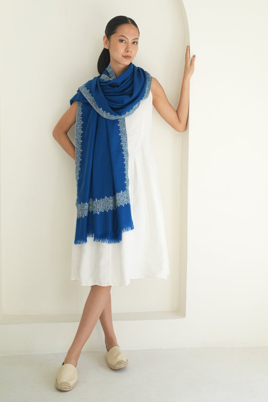 Kashmir Loom Sozni Navid Borderdar Hand Embroidered Pashmina Shawl Prussian