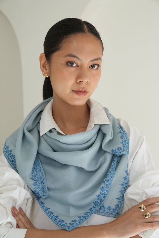 Kashmir Loom Sozni Baildar Hand Embroidered Pashmina Neck Scarf Baltic