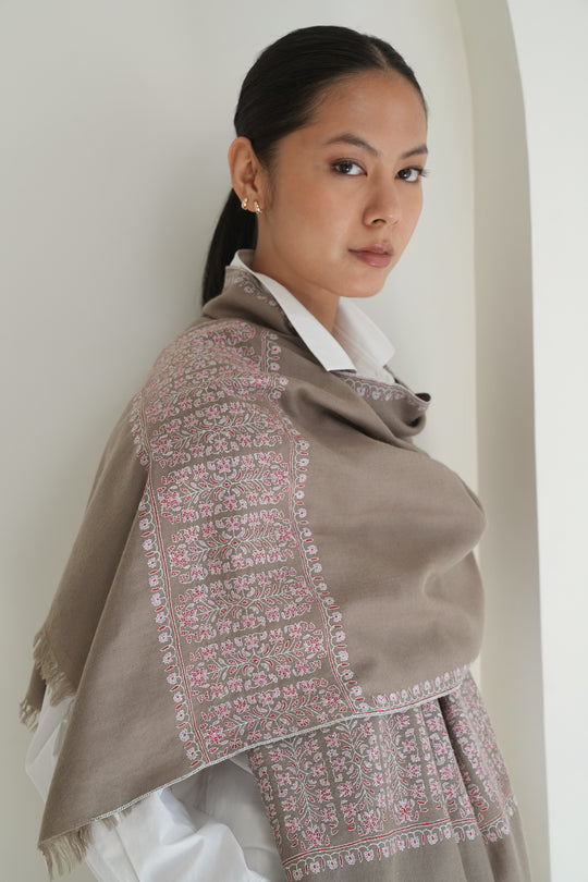 Kashmir Loom Sozni Rishma Palledar Hand Embroidered Pashmina Shawl Sober
