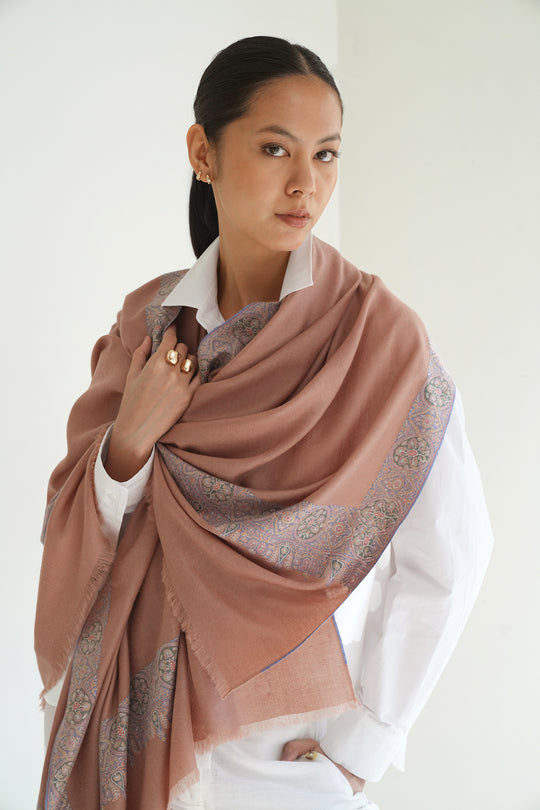 Kashmir Loom Sozni Dordar Hand Embroidered Pashmina Shawl Dry Rose