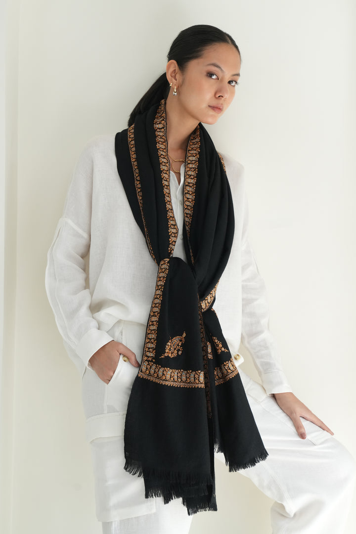 Kashmir Loom Sozni Gohar Neemdor Koundar Hand Embroidered Pashmina Large Shawl Black