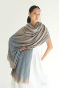 Kashmir Loom Sozni Naila Palledar Hand Embroidered Pashmina Large Shawl Natural Blue