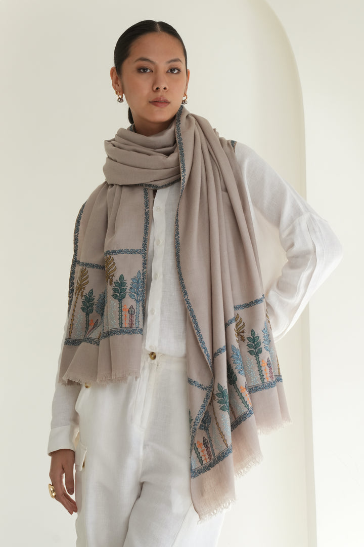 Kashmir Loom Sozni Albroz Palledar Hand Embroidered Pashmina Large Shawl Mink