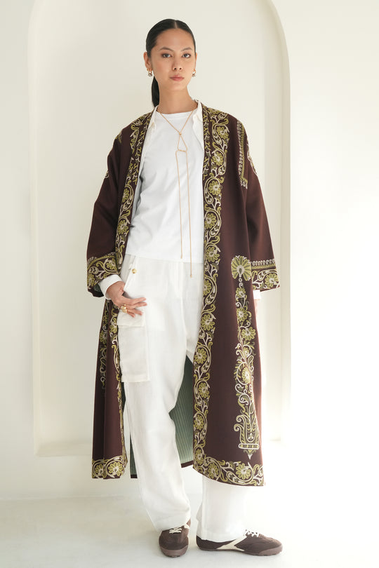 Hand Embroidered Aari Wool Choga Chocolate Brown | Kashmir Loom