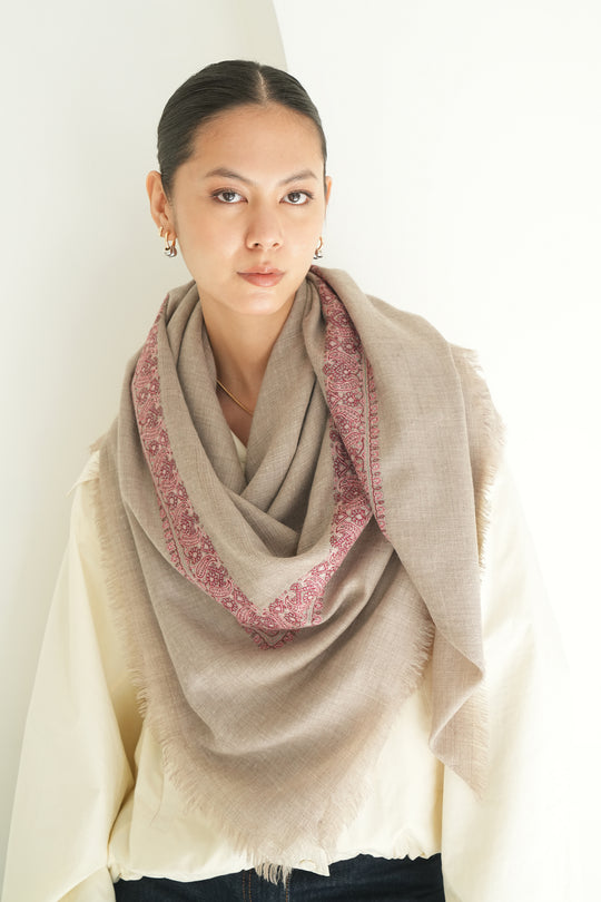 Kashmir Loom Sozni Borderdar Hand Embroidered Pashmina Square Scarf Natural Pink