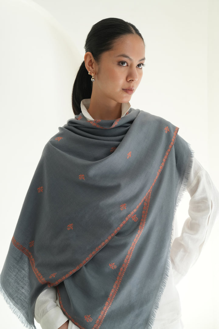Kashmir Loom Sozni Paisley Bail Buti Hand Embroidered Pashmina Stole Grey