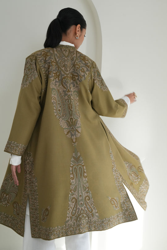 Kashmir Loom Clothing Zehra Hand Embroidered Wool Choga Leafy Green