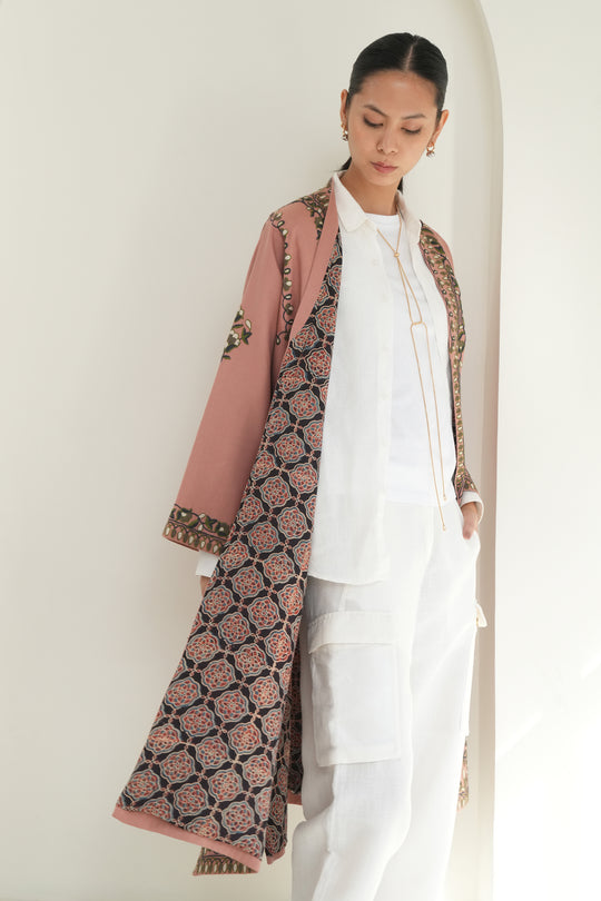 Kashmir Loom Poshmaal Hand Embroidered Wool Choga Rose Quartz