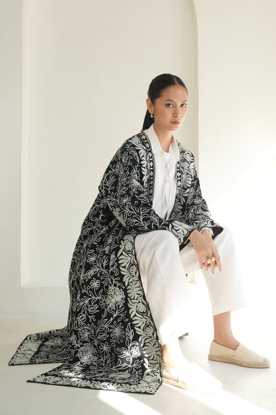 Nouran Hand Embroidered Wool Choga Black
