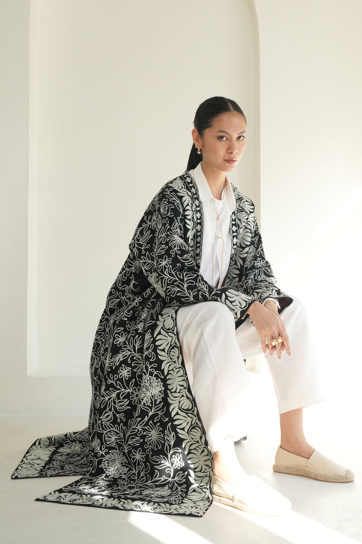 Nouran Hand Embroidered Wool Choga Black