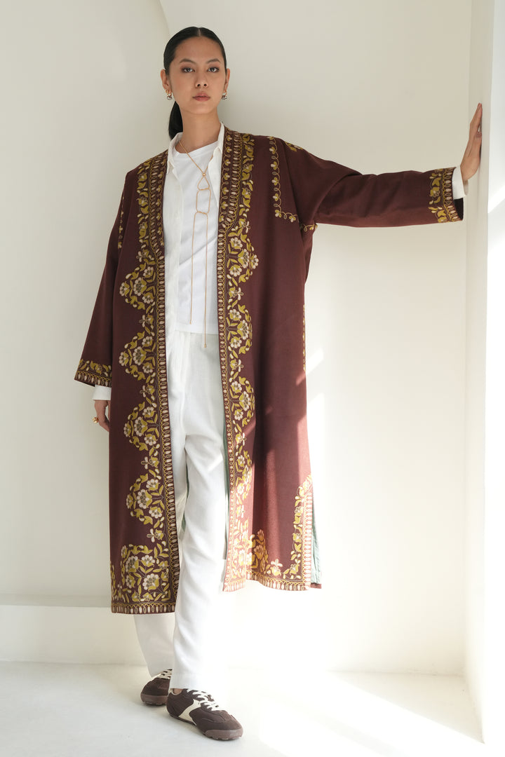 Kashmir Loom Poshmaal Hand Embroidered Wool Choga Brown