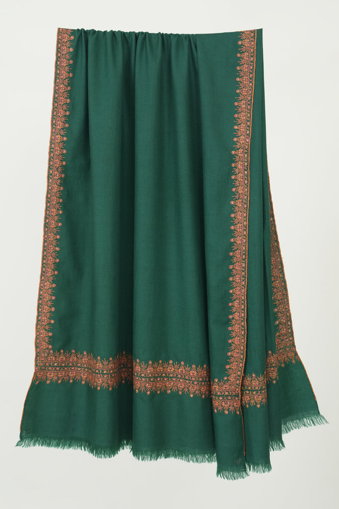 Hand Embroidered Pashmina Sozni Borderdar Shawl Green | Kashmir Loom
