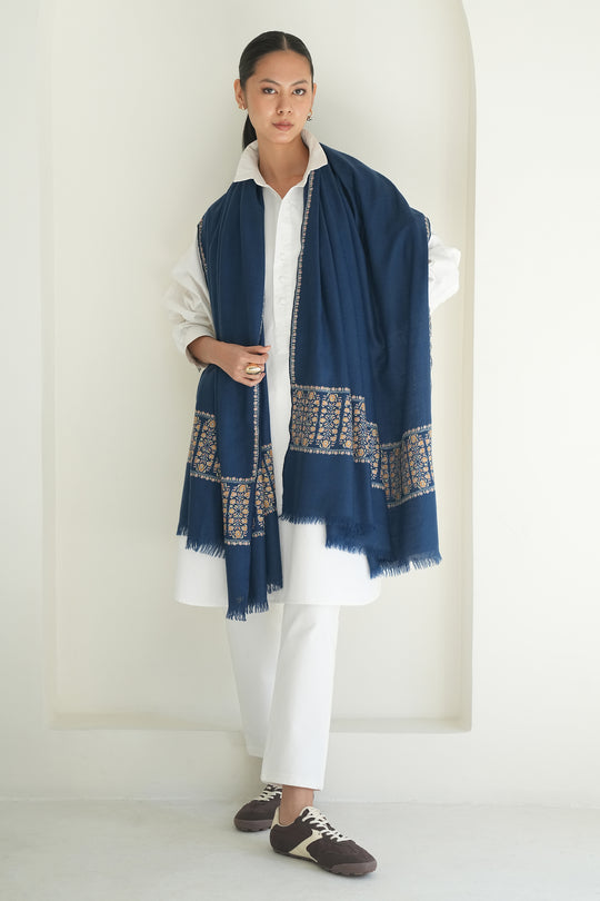 Kashmir Loom Sozni Rishma Palledar Hand Embroidered Pashmina Shawl Midnight
