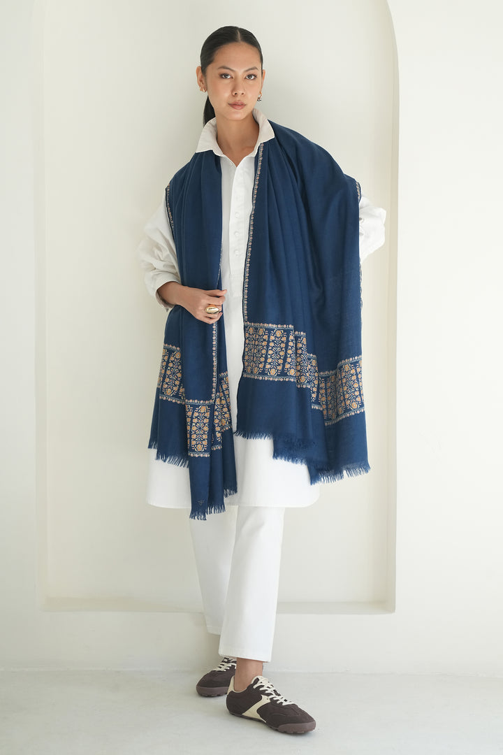 Kashmir Loom Sozni Rishma Palledar Hand Embroidered Pashmina Shawl Midnight