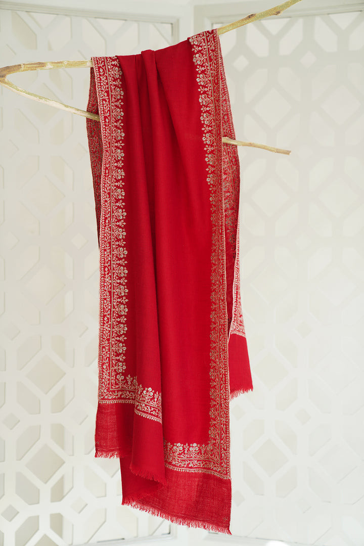 Kashmir Loom Rida Jaali Baildar Hand Embroidered Pashmina Stole Carmine