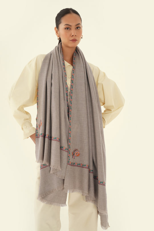 Sozni Sumaya Koundar Hand Embroidered Pashmina Shawl Natural