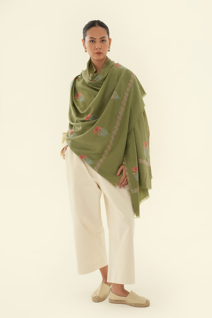 Sozni Zaza Allover Buti Hand Embroidered Pashmina Shawl Botanic