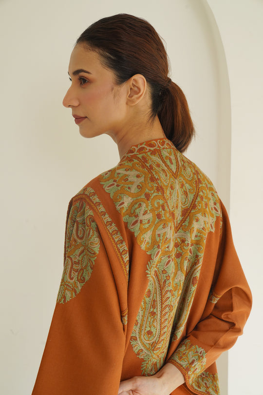 Corner Buta Hand Embroidered Wool Choga Cognac