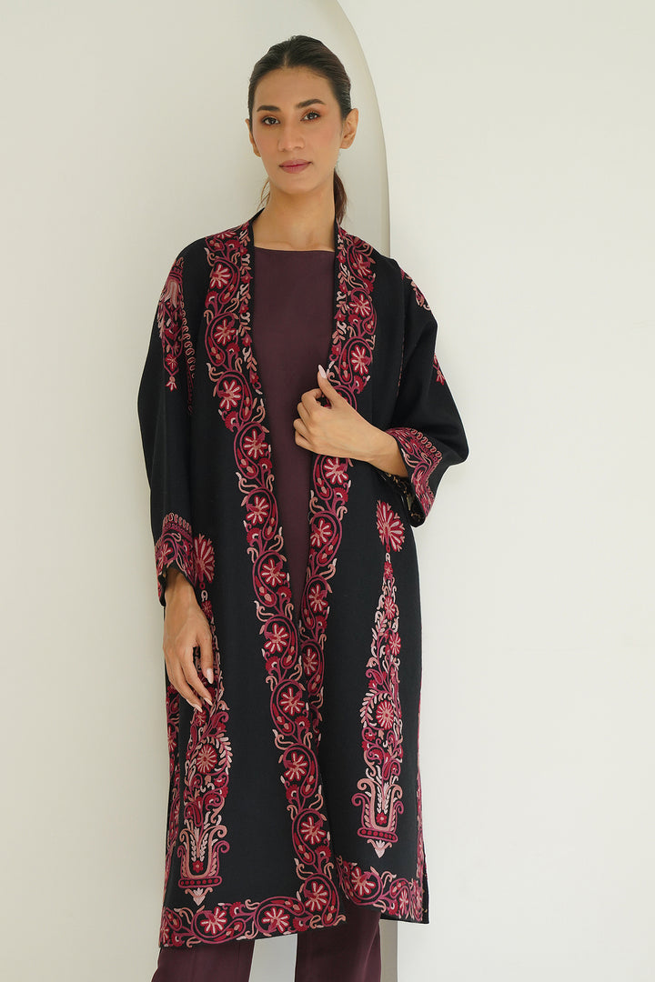 Long Buta Hand Embroidered Wool Choga Black