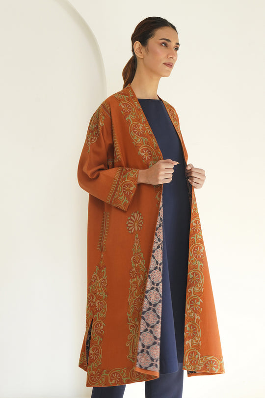 Long Buta Hand Embroidered Wool Choga Cognac