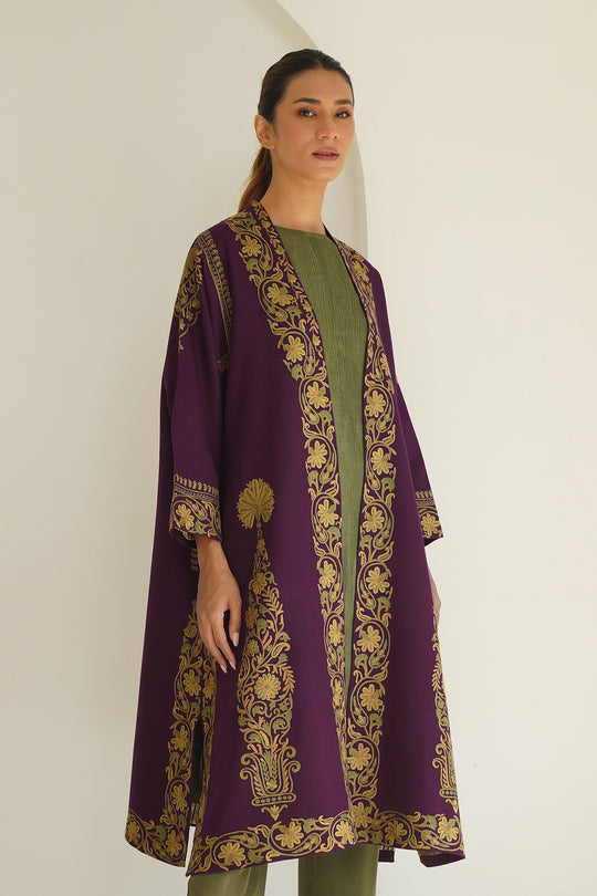 Long Buta Hand Embroidered Wool Choga Garnet