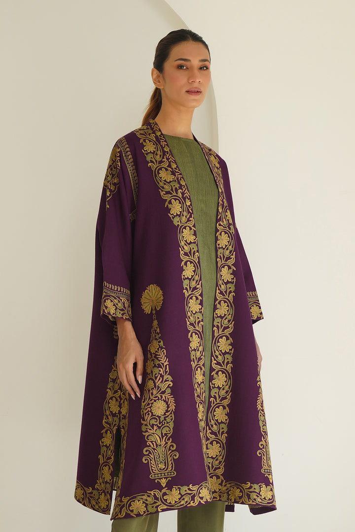 Long Buta Hand Embroidered Wool Choga Garnet